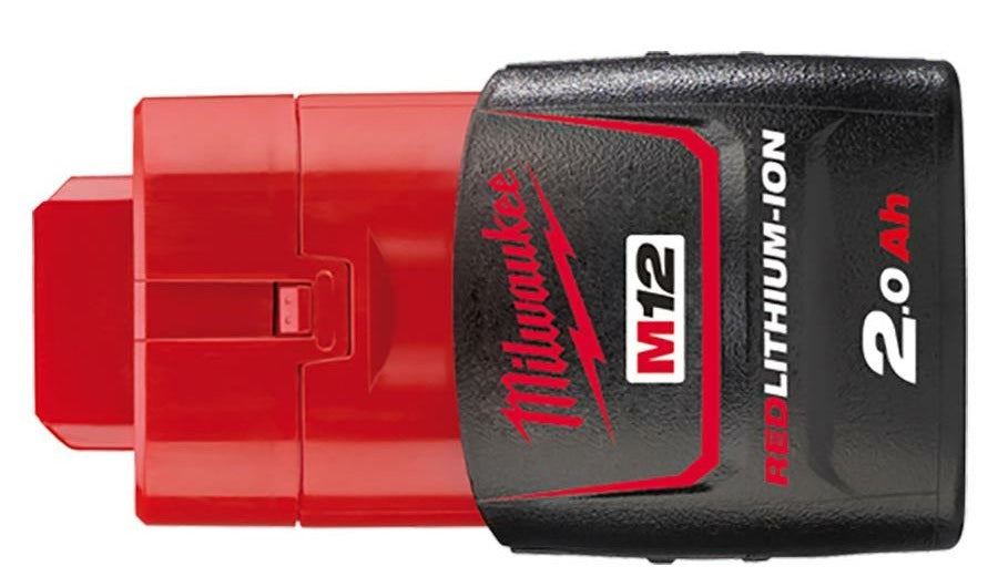 Milwaukee M12 REDLITHIUM 2.0Ah battery pack on a white background