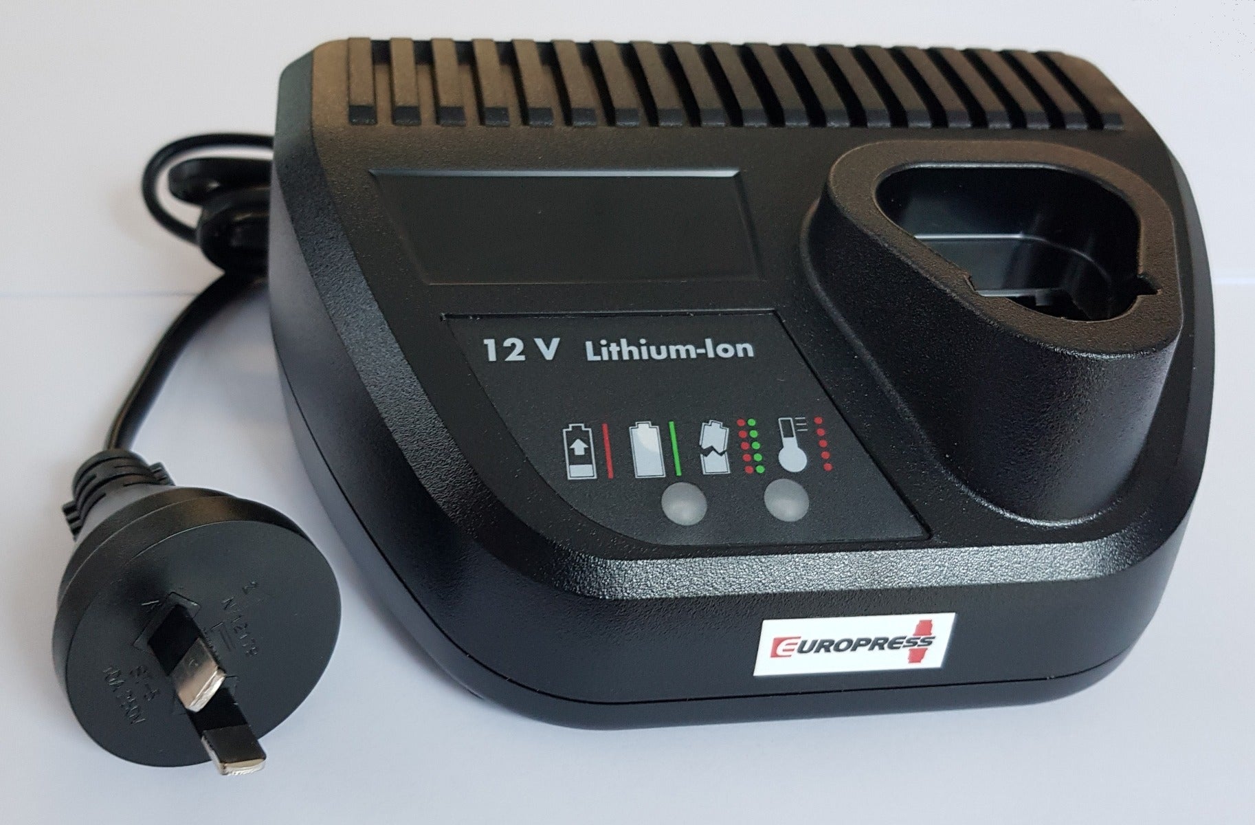 12V Lithium-Ion battery charger with plug on a white background