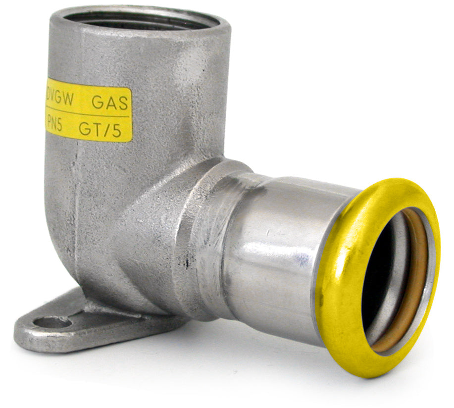 Metal valve with yellow rim and label on a white background