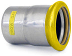 Metal pipe fitting with yellow collar and DVGW label on a white background