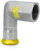 Metal pipe fitting with yellow label on a white background