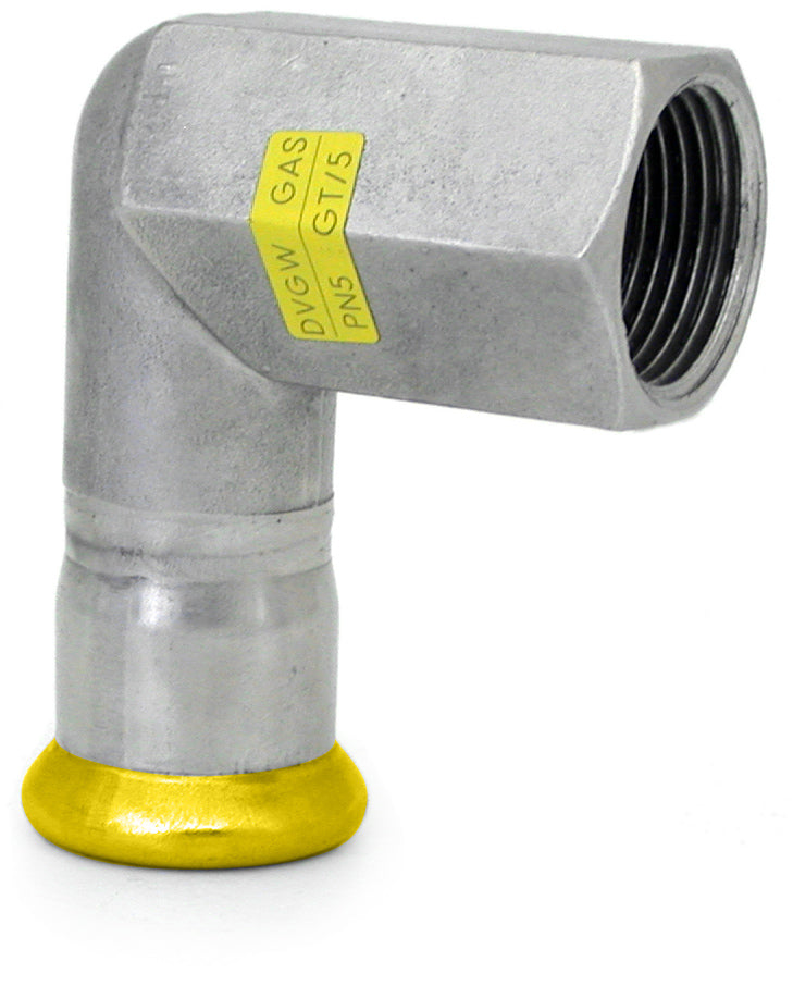 Metal pipe fitting with yellow label on a white background