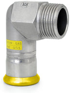 Metal gas fitting with yellow base on a white background
