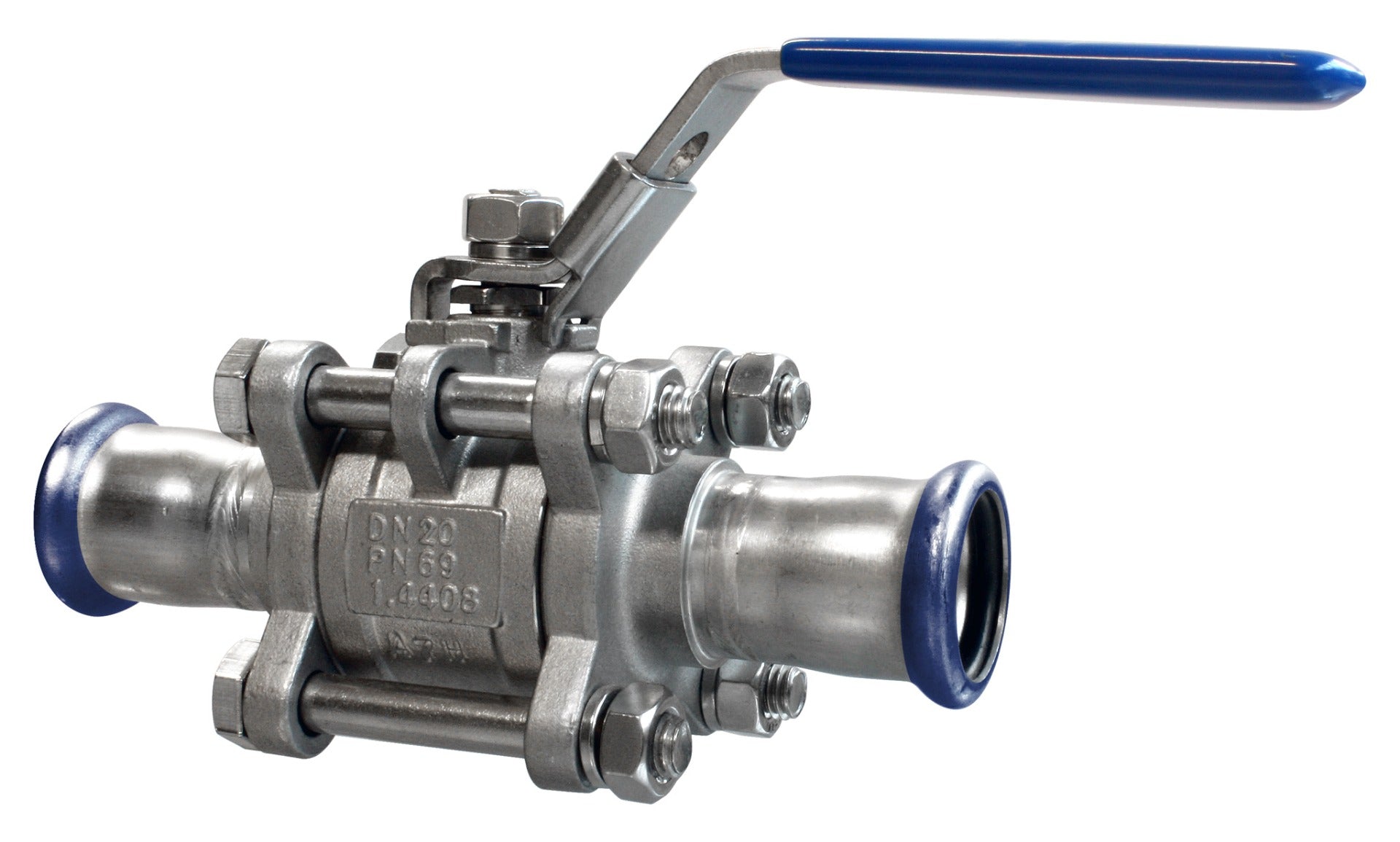 Stainless steel ball valve with blue lever handle on a white background