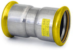 Metal pipe fitting with yellow rim and label on a white background