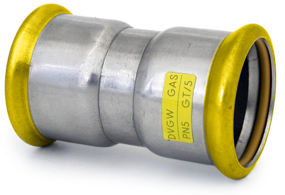 Metal pipe fitting with yellow rim and label on a white background