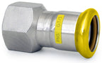 Metal fitting with yellow label on a white background
