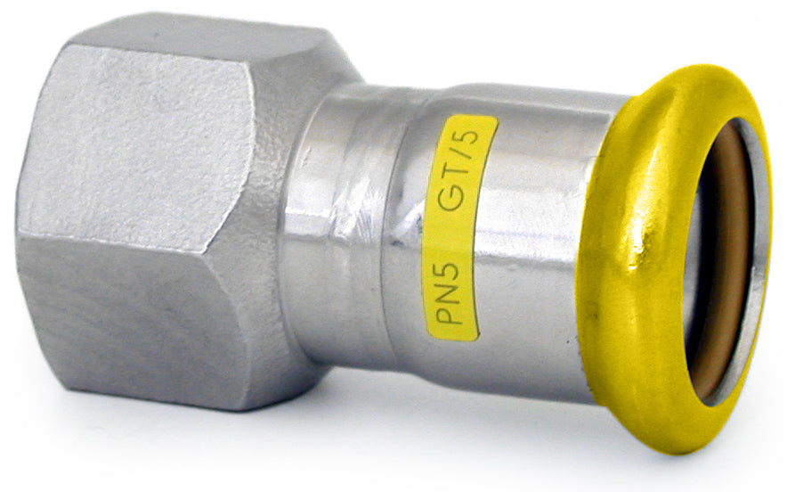 Metal fitting with yellow label on a white background