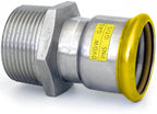 Metal pipe fitting with a yellow label on a white background