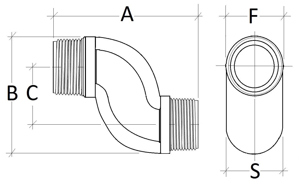 Technical drawing of a plumbing fitting with labeled dimensions