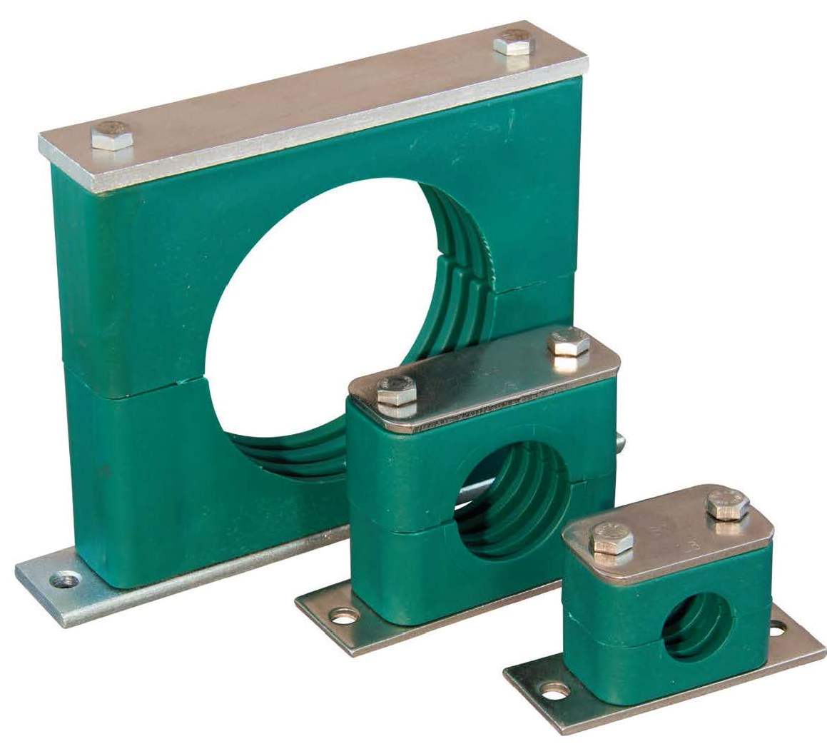 Three green metal components with circular holes on a white background