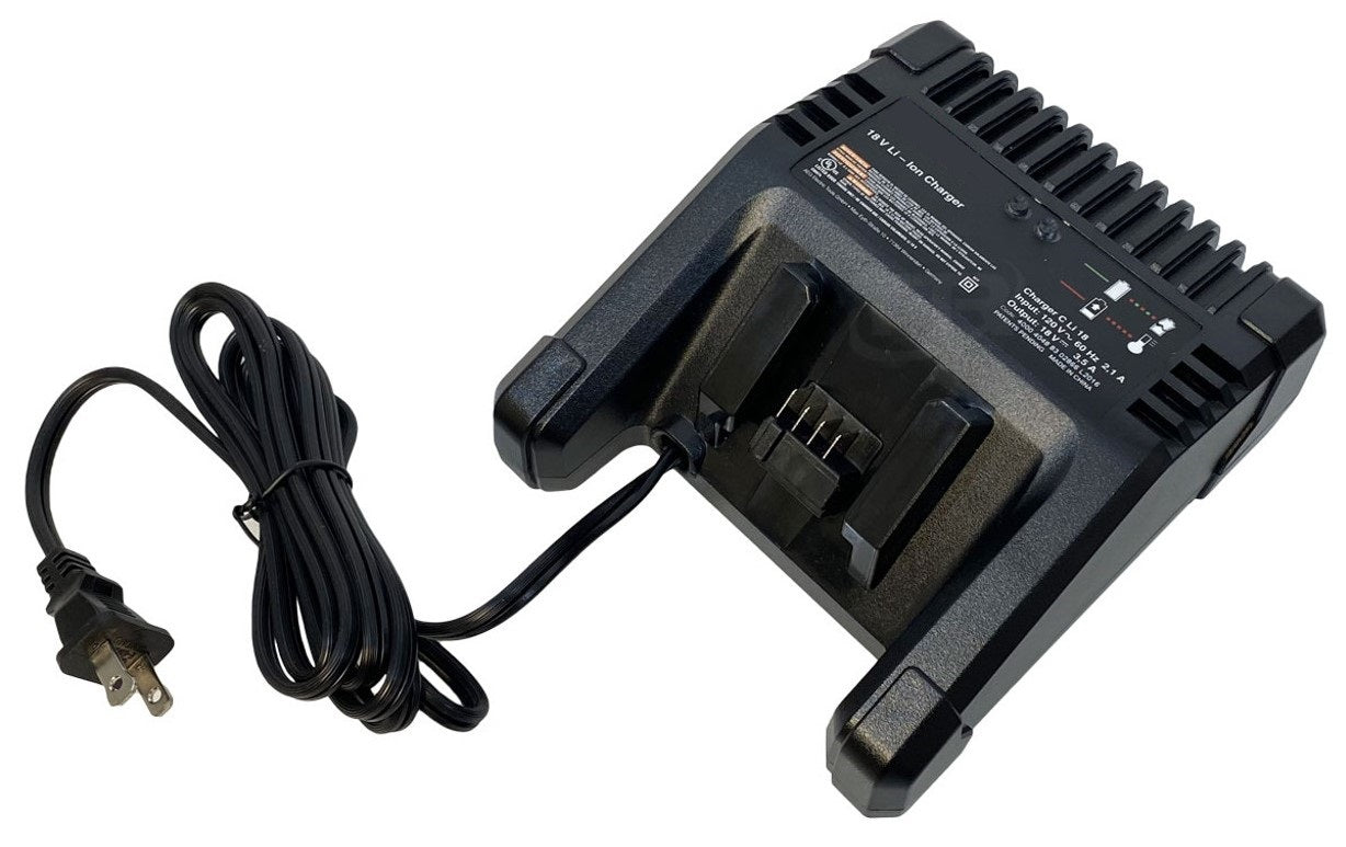Black battery charger with power cord on a white background