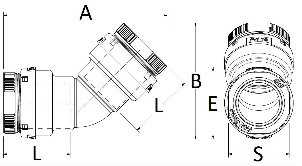 Technical drawing of a plumbing fitting with dimensions labeled