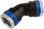 PVC fitting with blue and silver accents on a white background