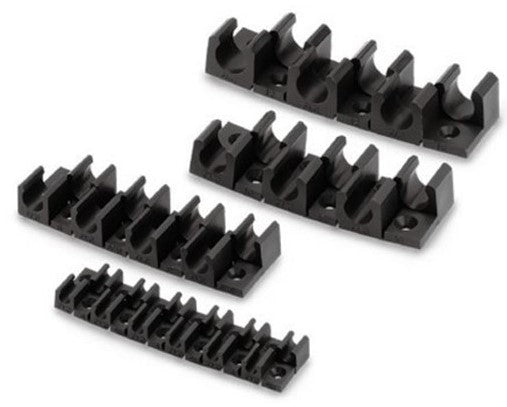 Set of black plastic brackets on a white background