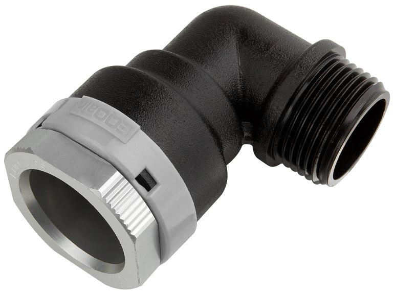 Plumbing fitting with black and gray design on a white background