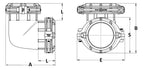 Technical drawing of a butterfly valve with dimensions labeled