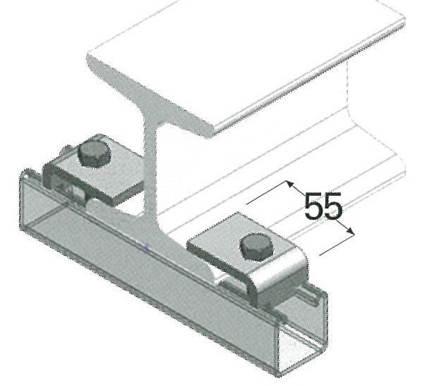 Airenergy Dev H beam clamp to strut for beams up to 22mm thick flange, securing H beams to strut in construction setups.