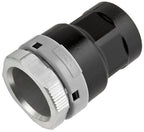 Black and silver mechanical component on a white background