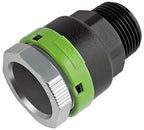 Garden plumbing fitting with green and black design on a white background