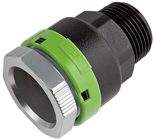Garden plumbing fitting with green and black design on a white background