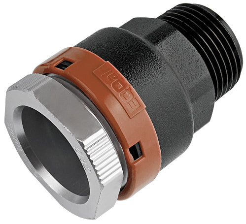 Plumbing fitting with black, brown, and silver colors on a white background