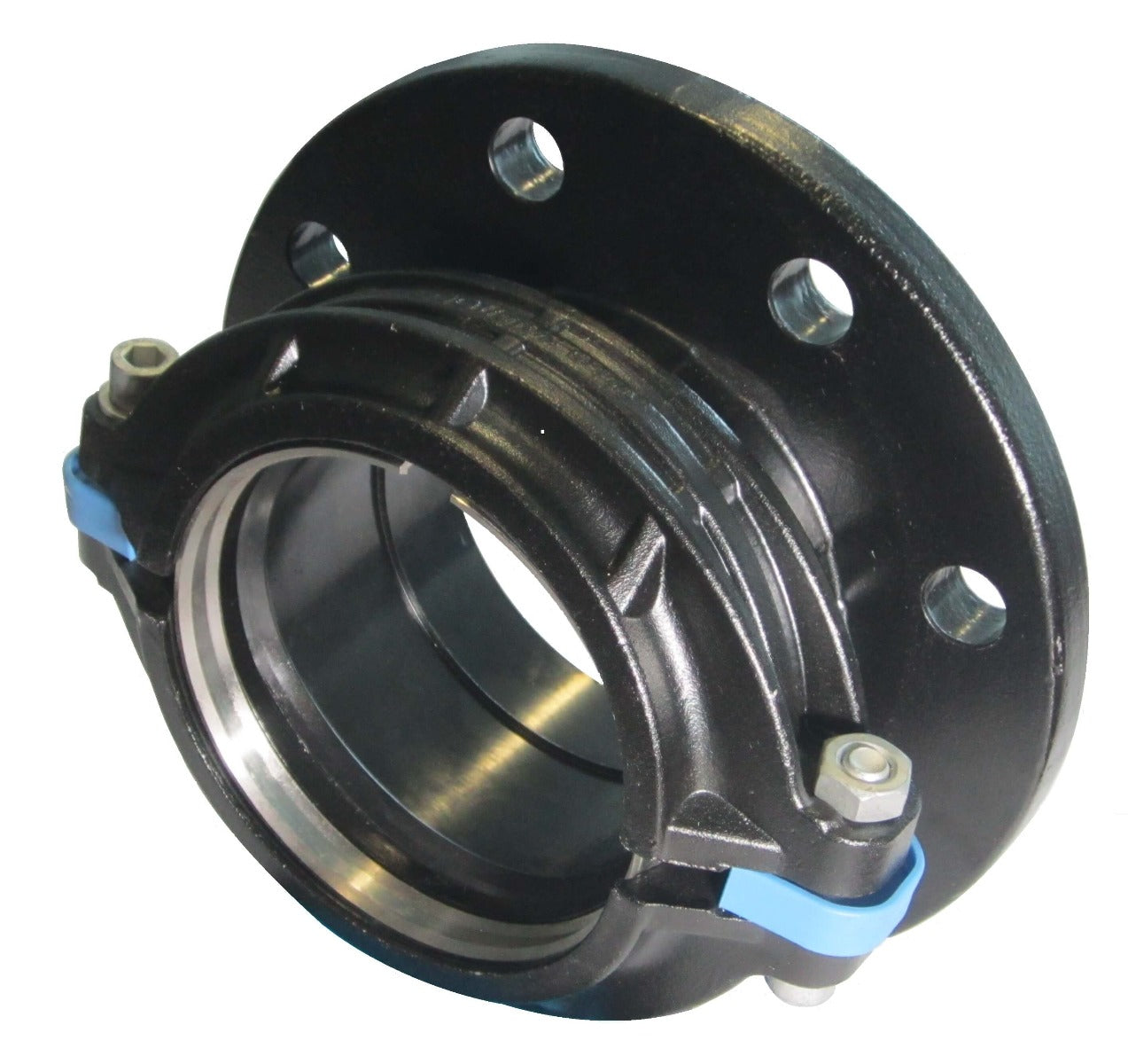 Dev flange adaptor showing threaded metal connection for pipe fitting and installation in industrial piping systems.