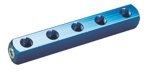 Blue metal component with multiple threaded holes on a white background