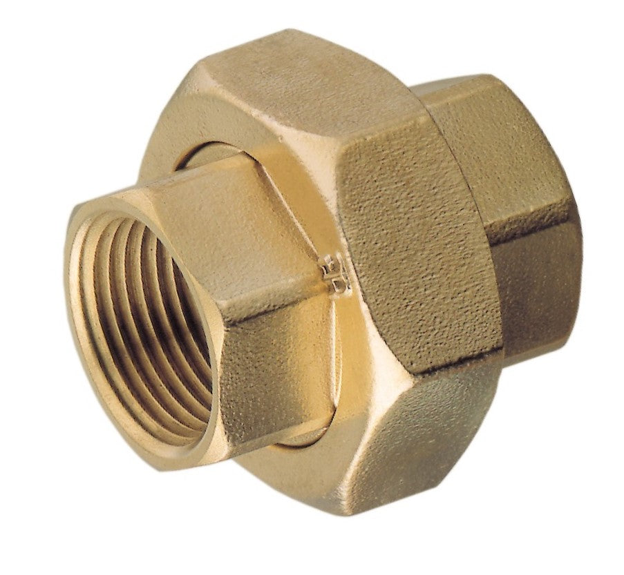 Brass F & F barrel union fitting from Airenergy Dev, used for connecting and joining pipes in plumbing systems.