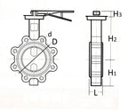 Technical drawing of a butterfly valve with dimensions labeled