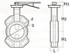 Technical drawing of a butterfly valve with dimensions labeled