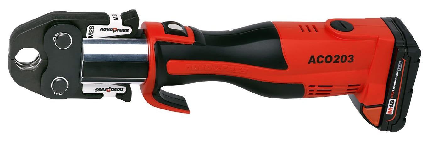 Airenergy Dev Novopress ACO203 18V press tool with ergonomic design and multiple size options for efficient pipe fitting.