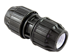 Airenergy Dev 20mm compression pipe coupling connecting two metal pipes, used for plumbing and fluid systems.