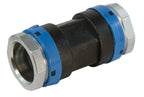 Pneumatic fitting with black body, blue sleeve, and silver ends on a white background