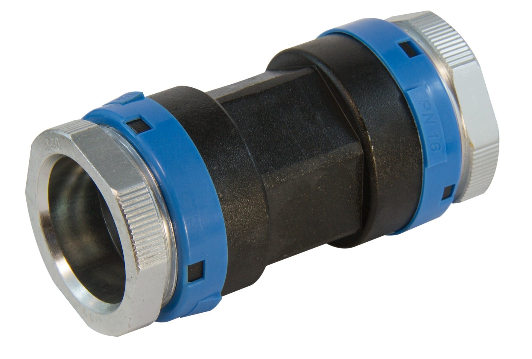 Pneumatic fitting with black body, blue sleeve, and silver ends on a white background