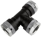 Black and silver plumbing fitting on a white background