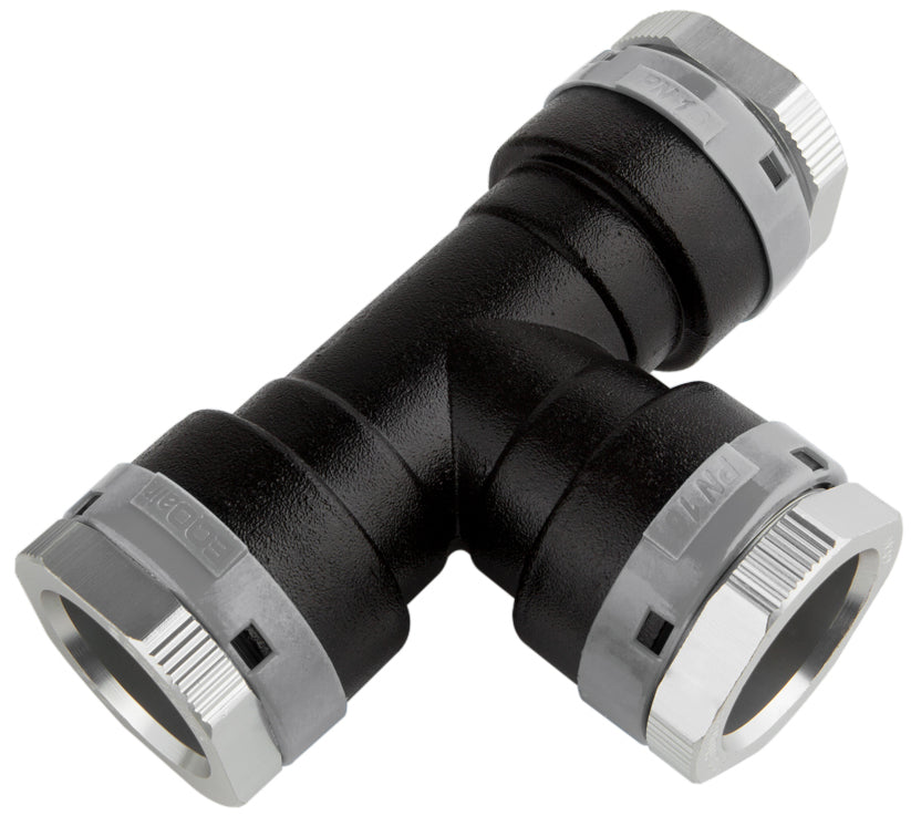 Black and silver plumbing fitting on a white background
