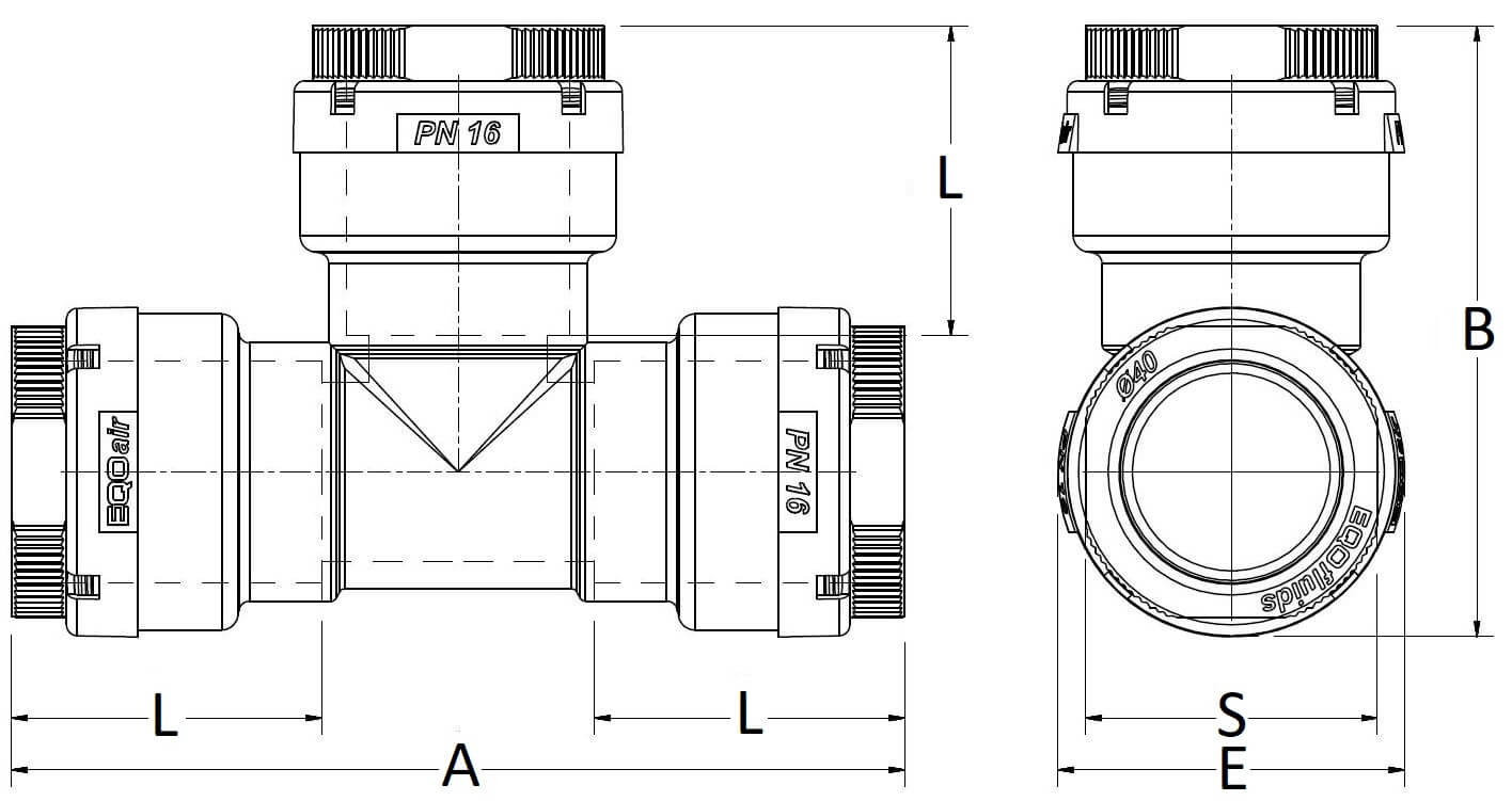 Technical drawing of a valve with dimensions labeled