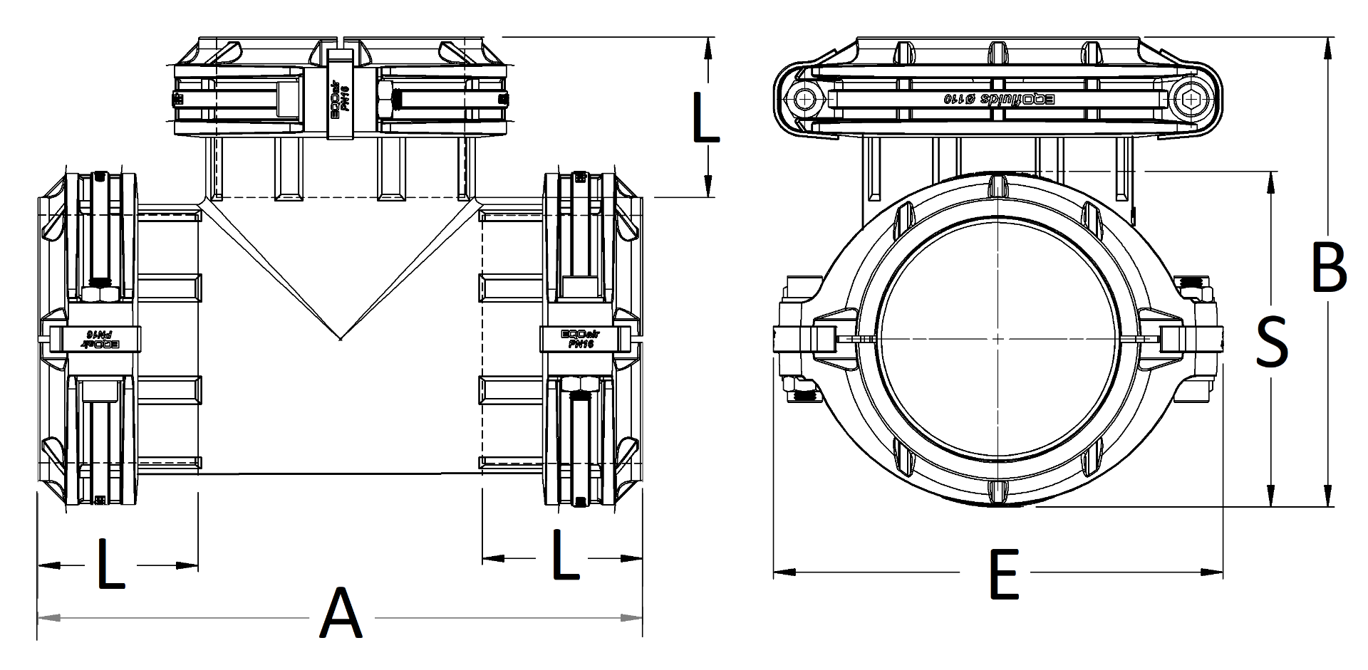 Technical drawing of a butterfly valve with labeled dimensions