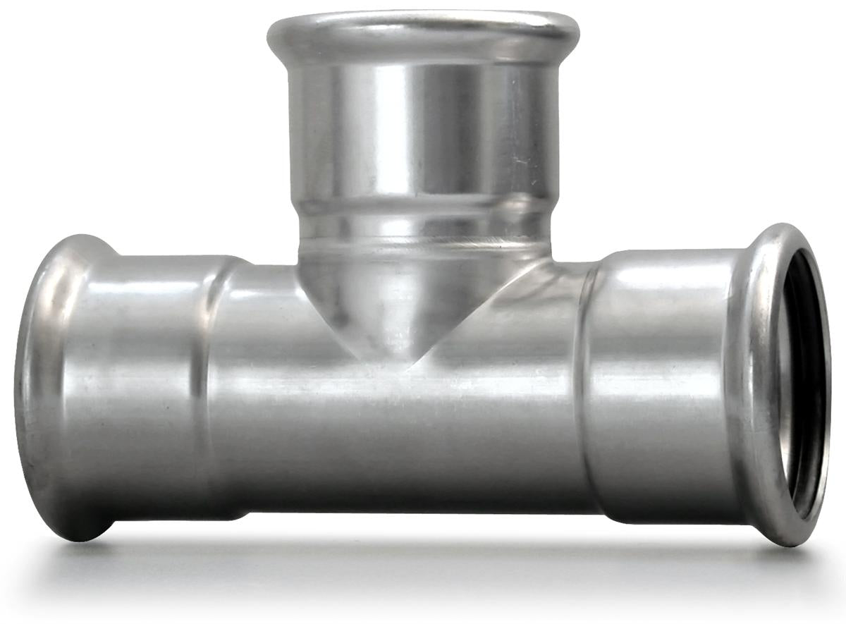 Metallic T-shaped pipe fitting on a white background
