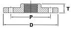 Technical drawing of a mechanical component with dimensions labeled P, D, and T.