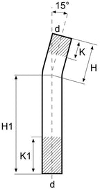 Technical drawing of a mechanical component with dimensions and angles labeled
