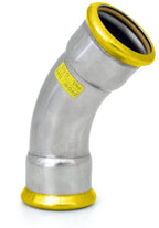 Metal pipe fitting with yellow accents on a white background