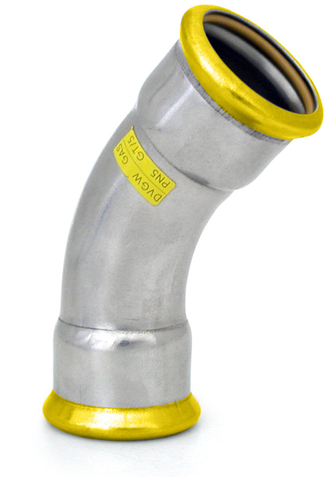 Metal pipe fitting with yellow accents on a white background