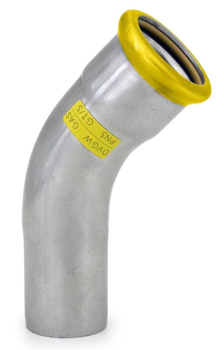 Metal pipe elbow with yellow gasket and label on a white background