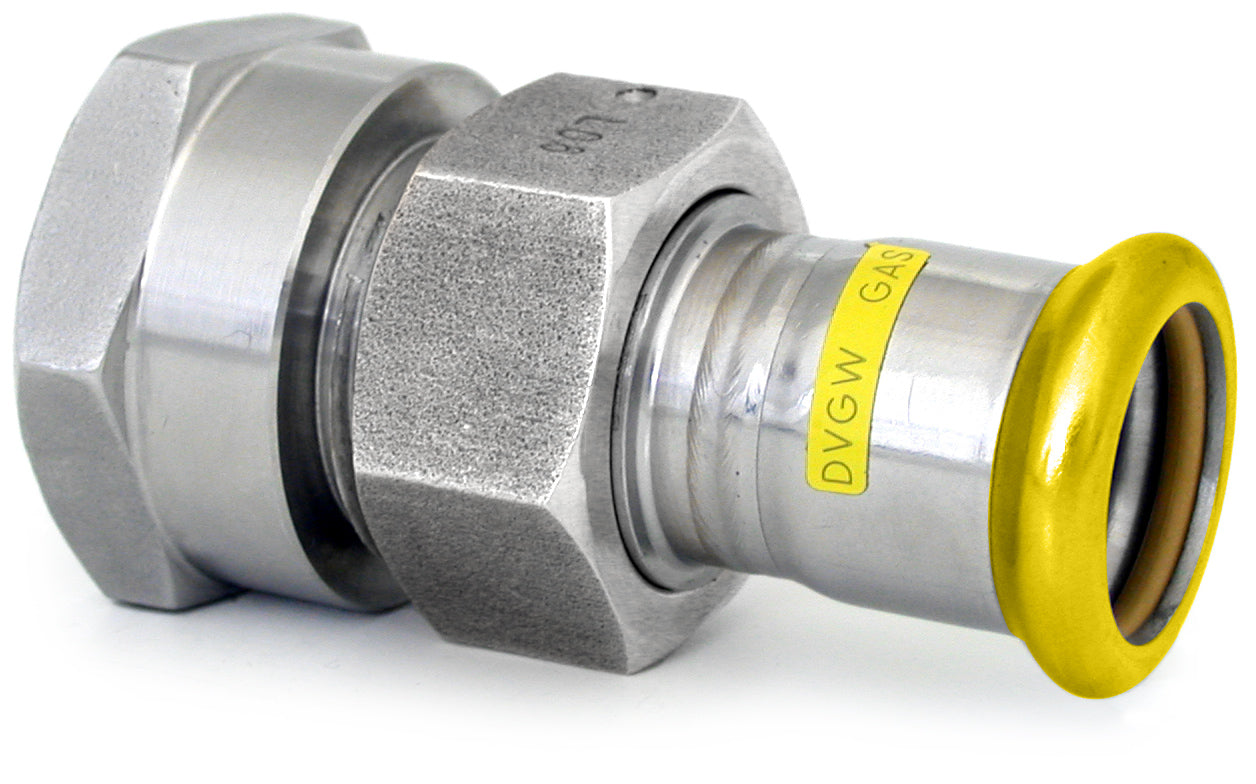 Metal pipe fitting with yellow end cap and 'DVGW' label on a white background