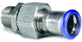 Compression fitting with blue and silver design on a white background