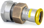 Metal pipe fitting with brass and stainless steel components on a white background