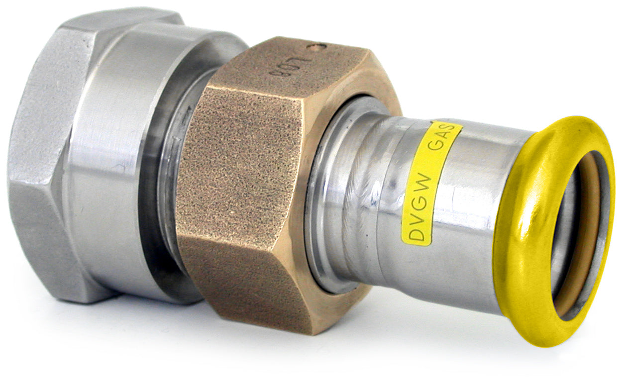 Metal pipe fitting with brass and stainless steel components on a white background