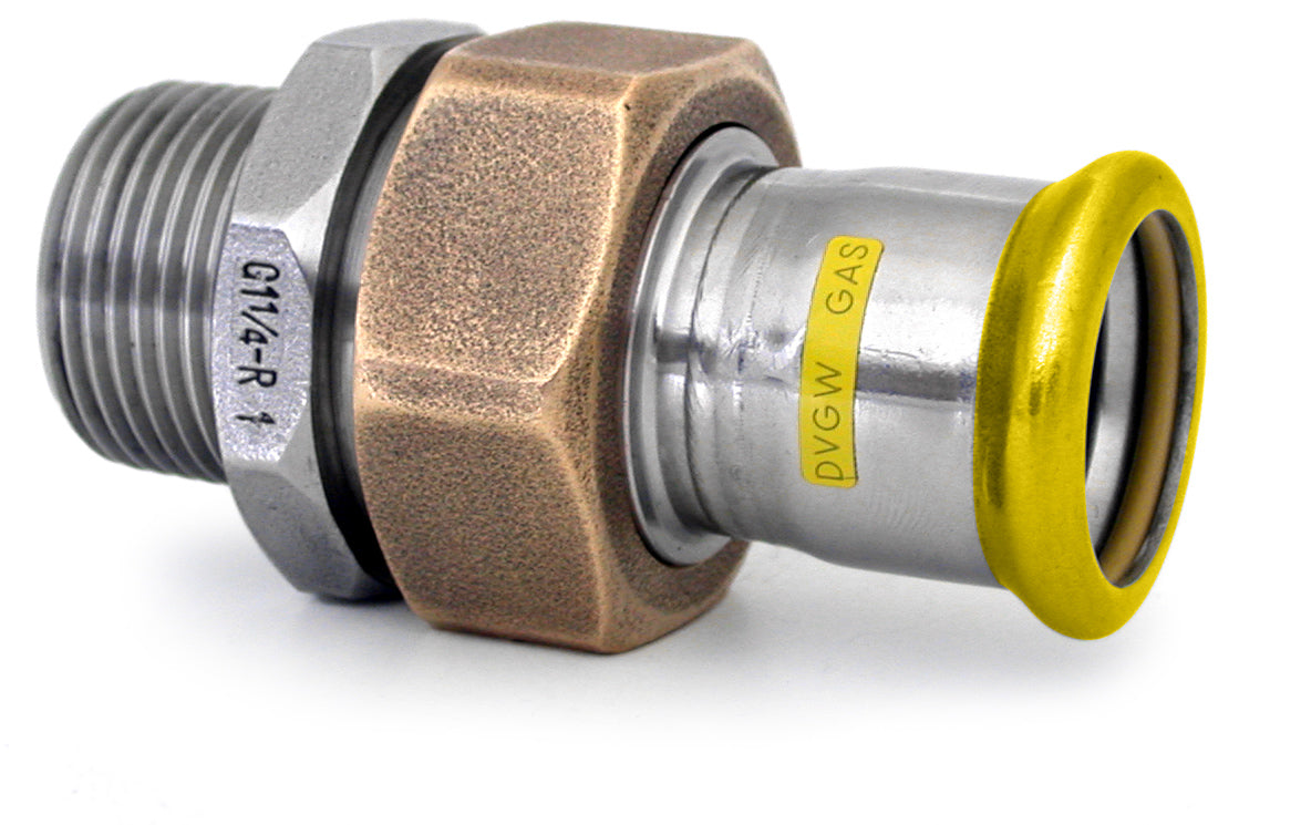 316L stainless steel gas male barrel union with brass nut and EPDM flat seal, used for plumbing connections.
